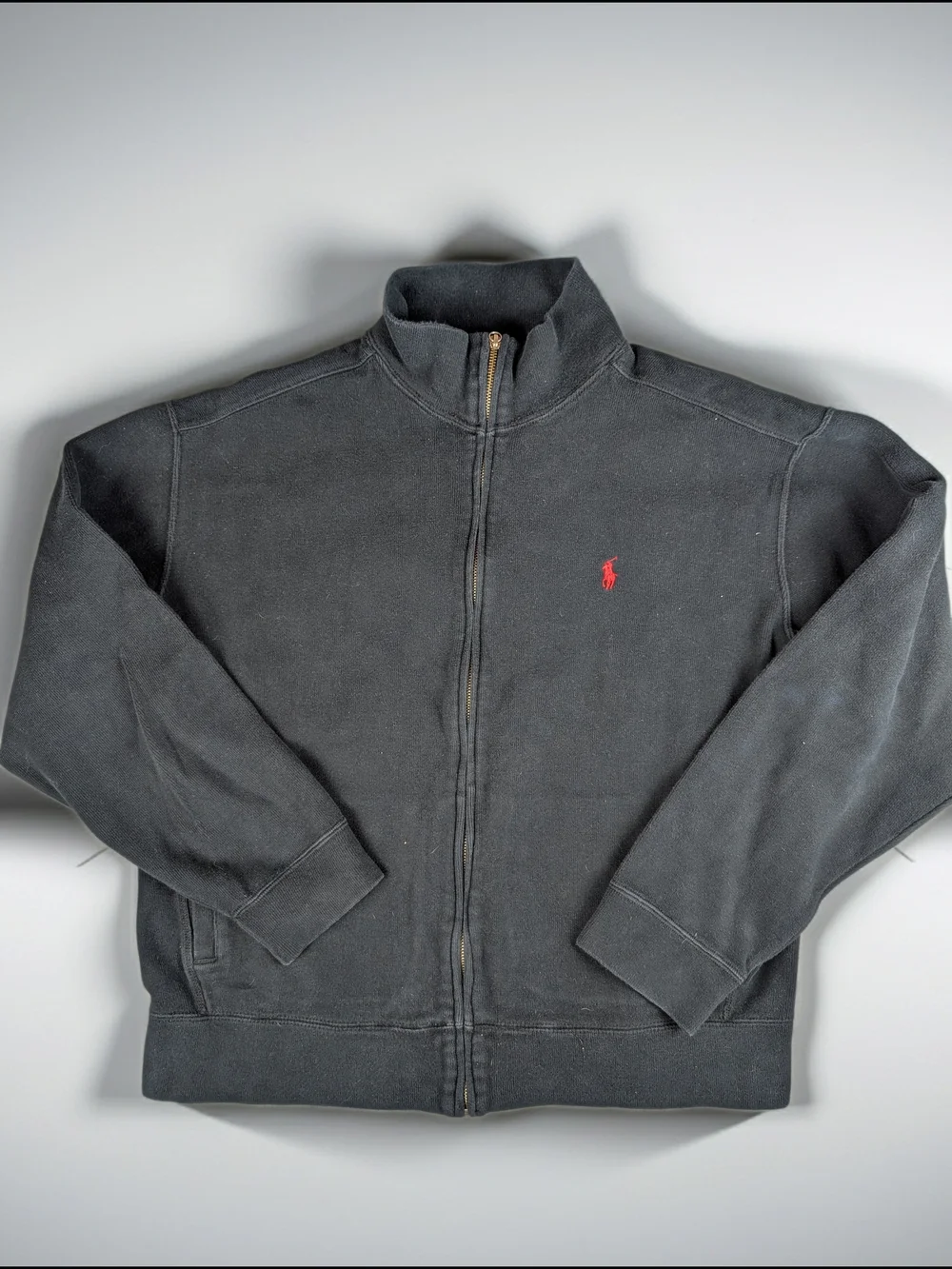 Polo‎ Ralph Lauren Full Zip Sweater Mens Large Black Cotton Red Pony Mock Neck